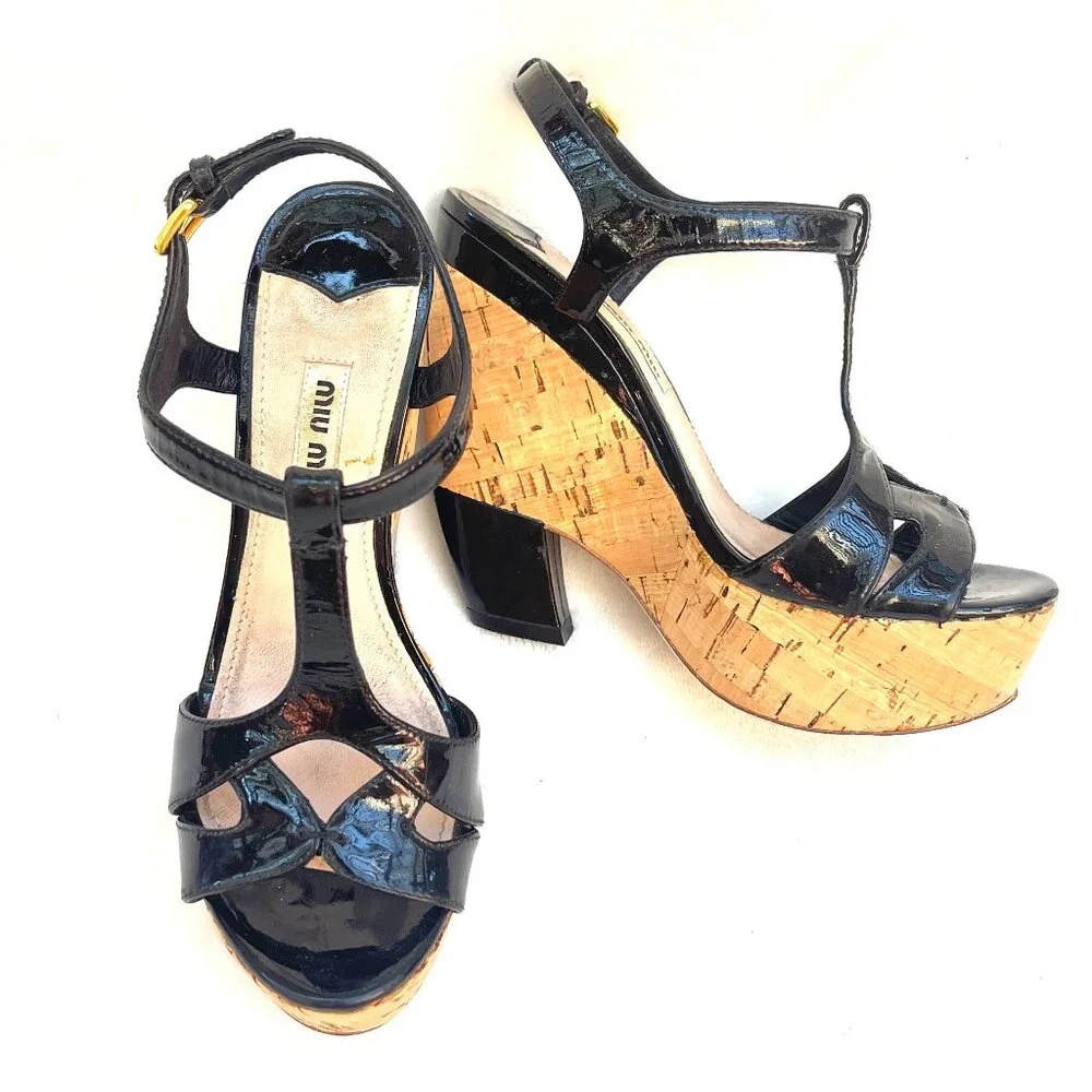 Miu Miu Patent leather T-Strap Cork Black Wedges